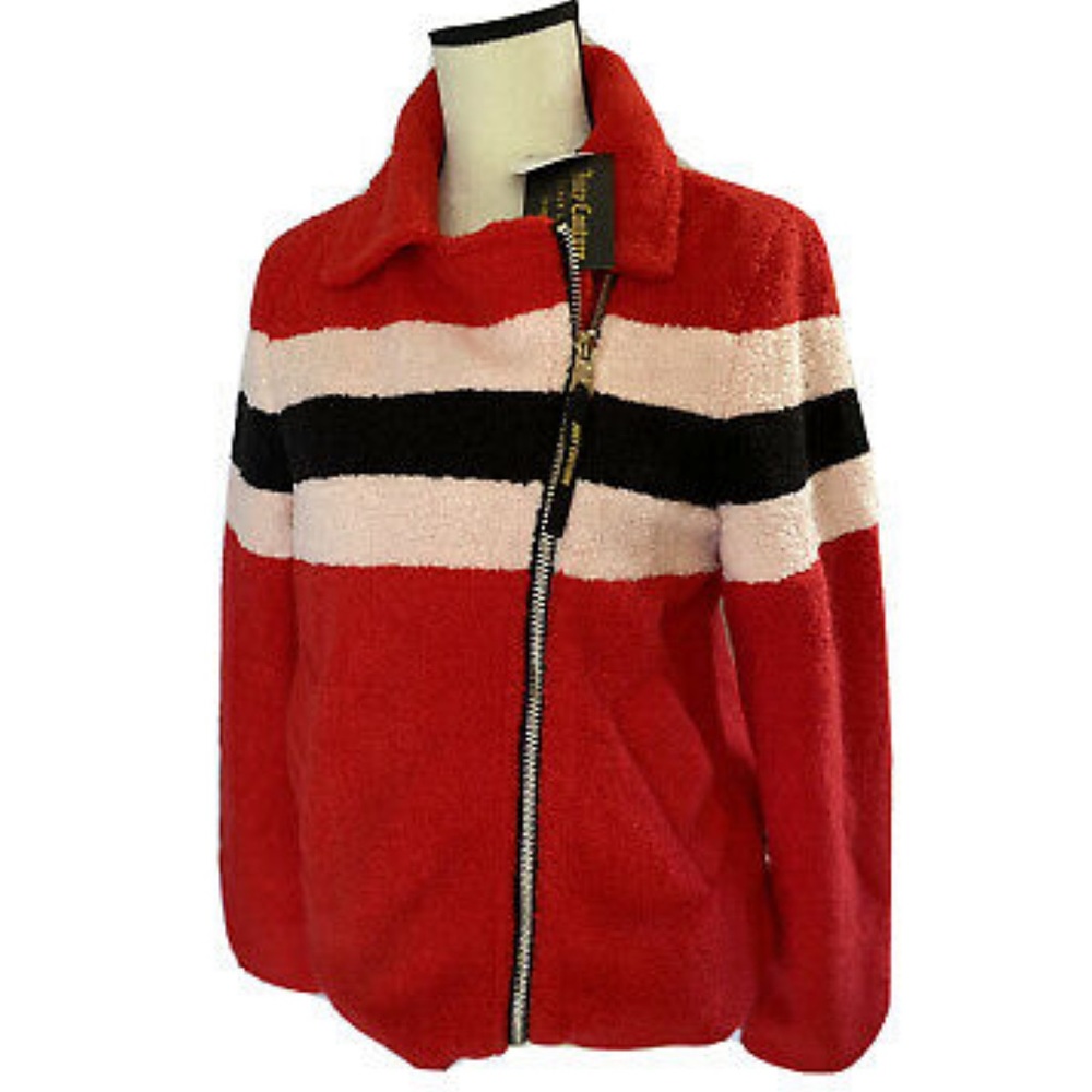 Juicy Couture Black Label SZ S Sherpa Coat Jacket Red Cream black stripe teddy